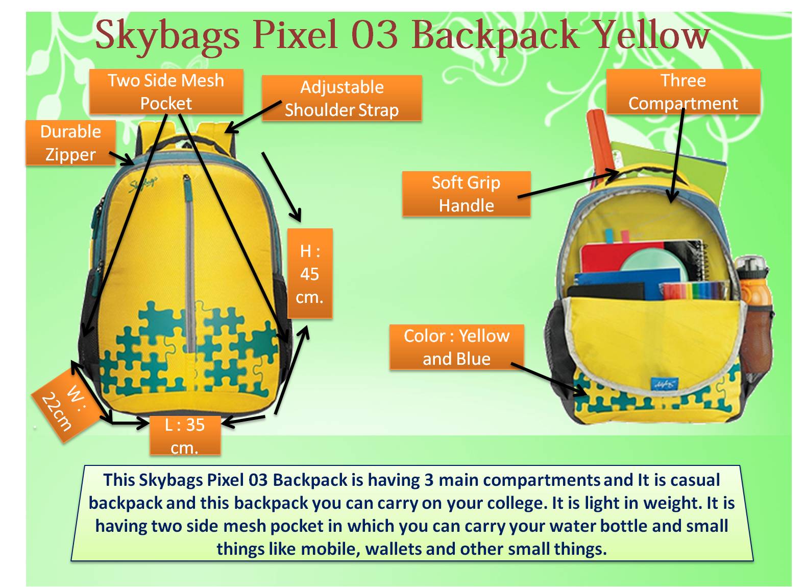 skybags yellow backpack